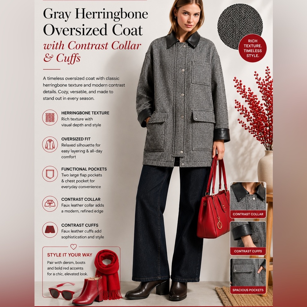 Herringbone Oversized Coat with Contrast Collar & Cuffs
